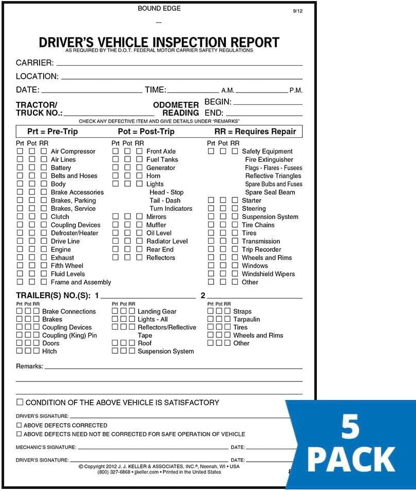 Drivers Vehicle Inspection Report Book Pre Post Trip DVIR 2 Ply Carbonless 5Pk