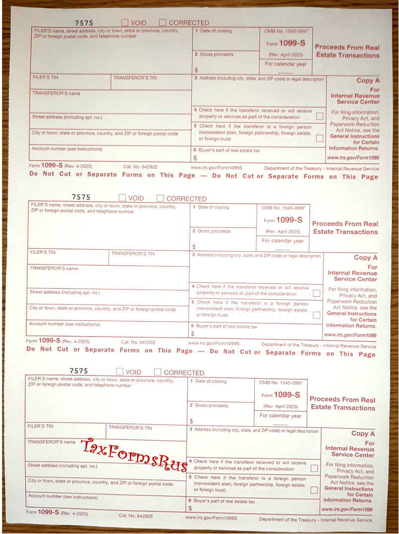 Official IRS Tax Form 1099-S single sheet set for 3 transferors, NON-carbonless