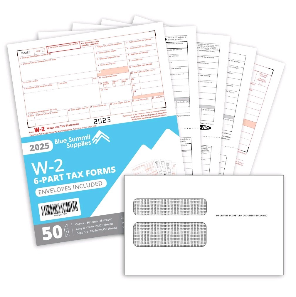 Blue Summit W2 Forms 2025 with Envelopes, 6 Part W-2 Tax 2025, 50 White