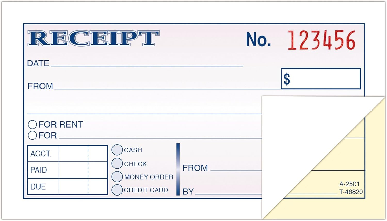 Money and Rent Receipt, 2-3/4 X 5-3/8 Inches, 2-Parts, Carbonless, White/Canary,
