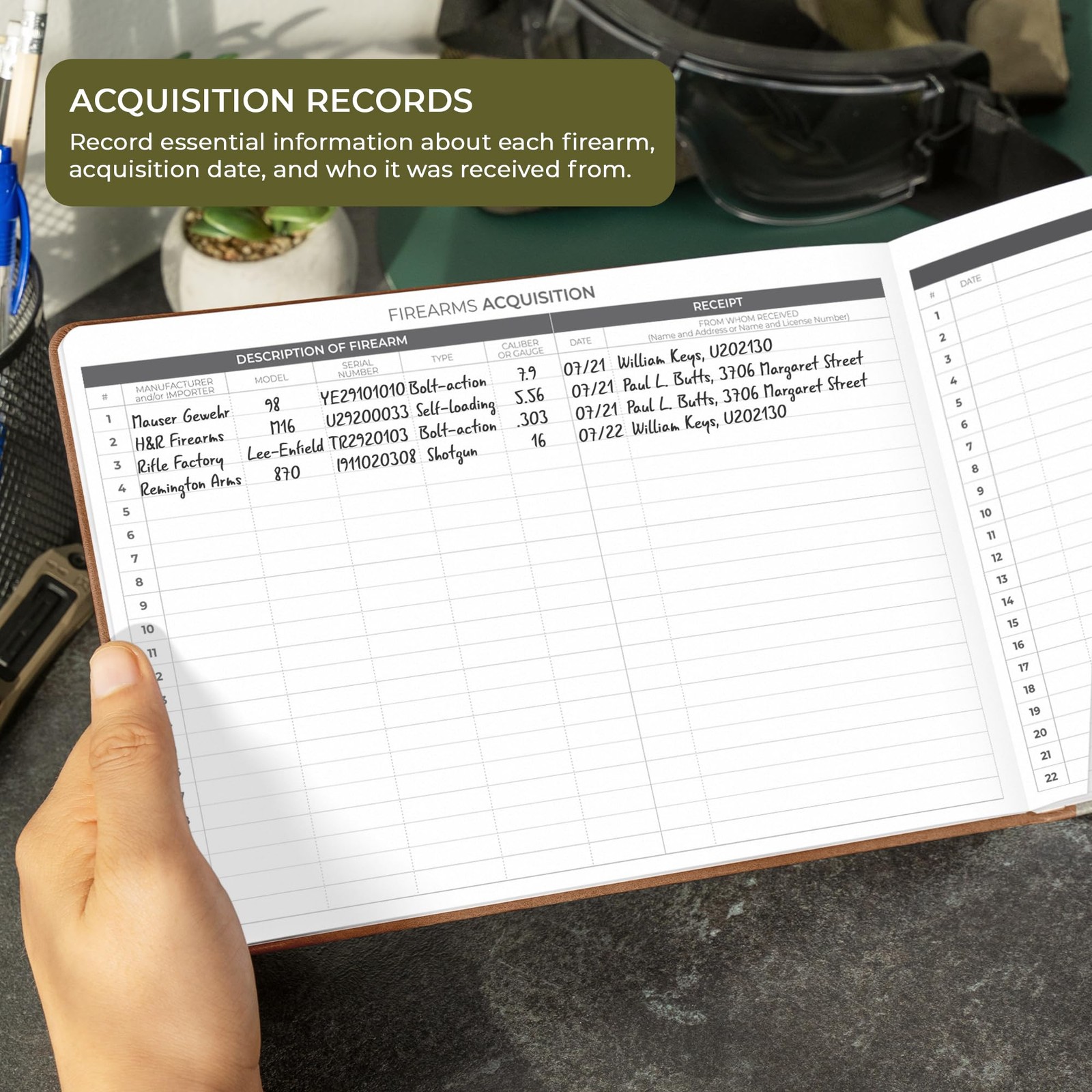 Clever Fox Firearms Record Book – Hardcover Smaller Than A4 (10″ x 7″), Brown
