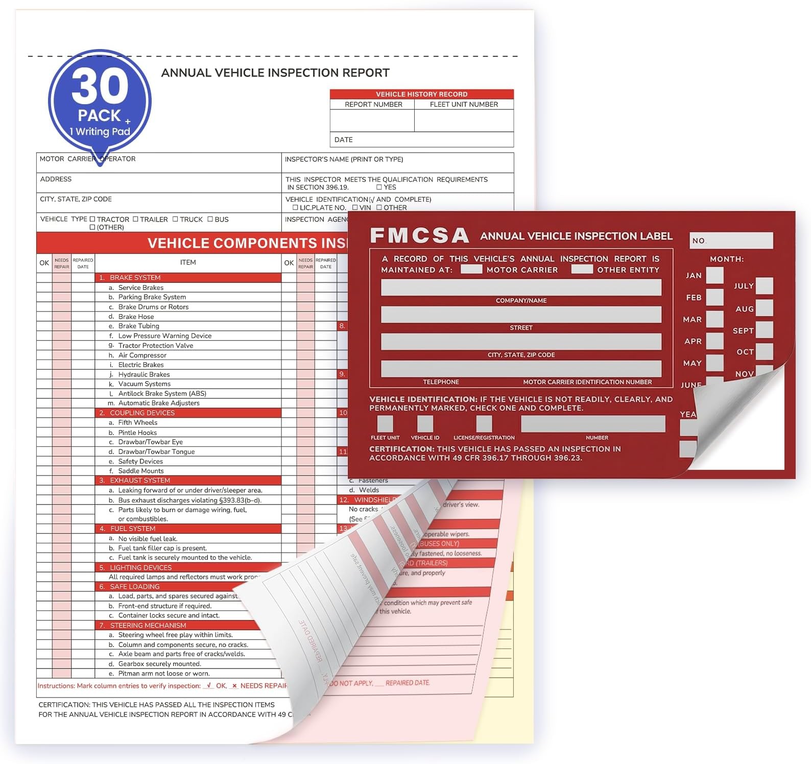 Annual Vehicle Inspection Record Kit – 3-Part NCR Forms (30 Sets) + High-Visi…