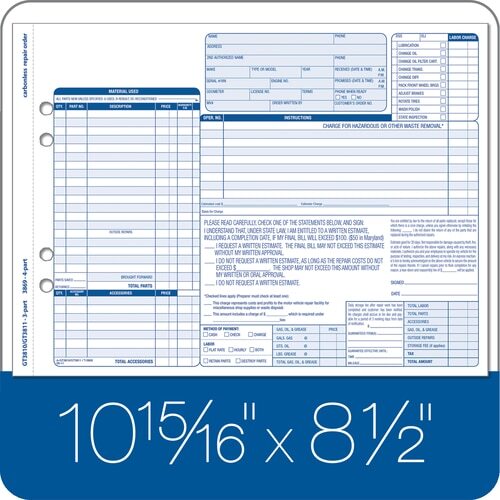 ABFGT3810 Garage Repair Order, 3-Part, Carbonless, 50/PK