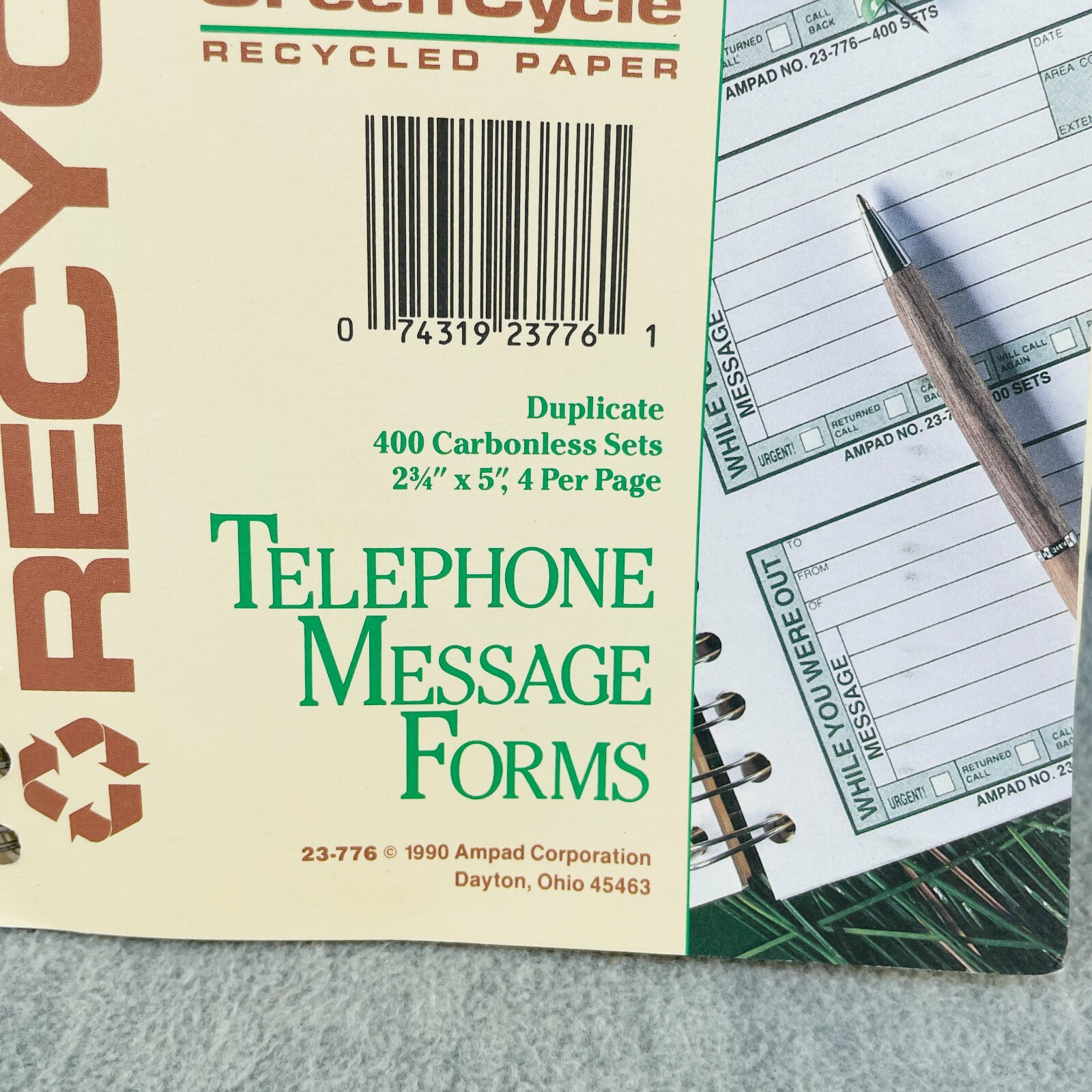 Telephone Message Forms by Ampad Greencycle Carbonless Duplicate Vintage Unused