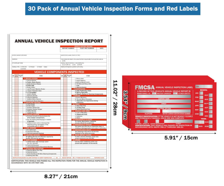 30Pack DOT Annual Vehicle Inspection Forms and Stickers 30-Pk 3-Ply Vehicle