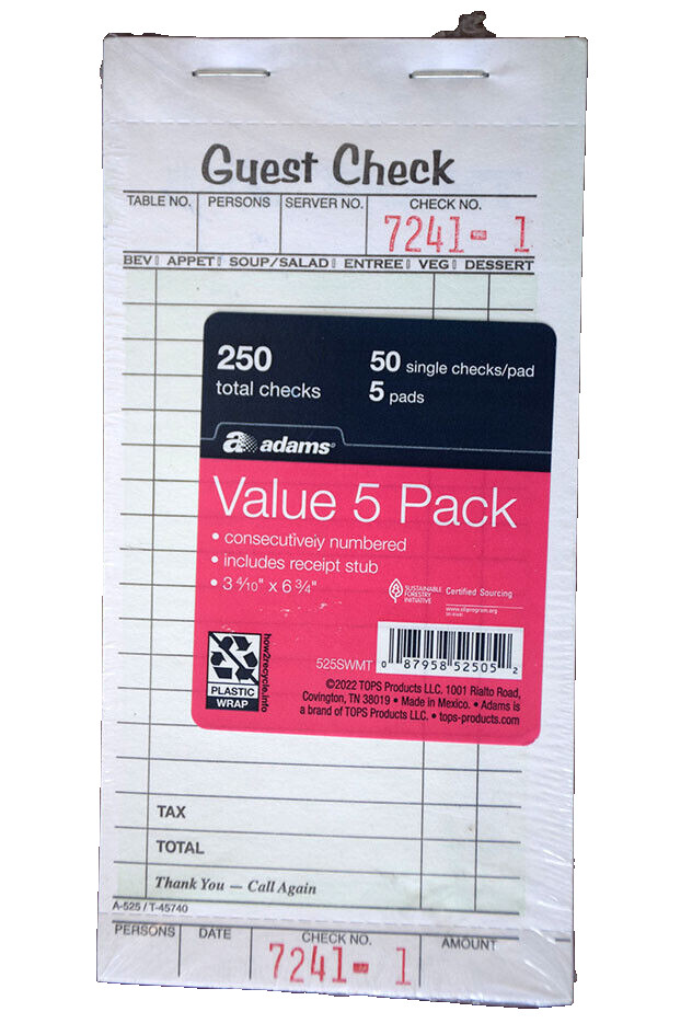 TOPS Guest Check 5-Pad Pack Single Part 50 Sheets/ea =Total 250 Cafe Slips, NEW
