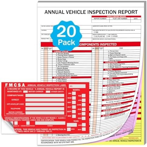 20-Pack Annual Vehicle Inspection Report Forms with Red FMCSA Aluminum Labels, 3