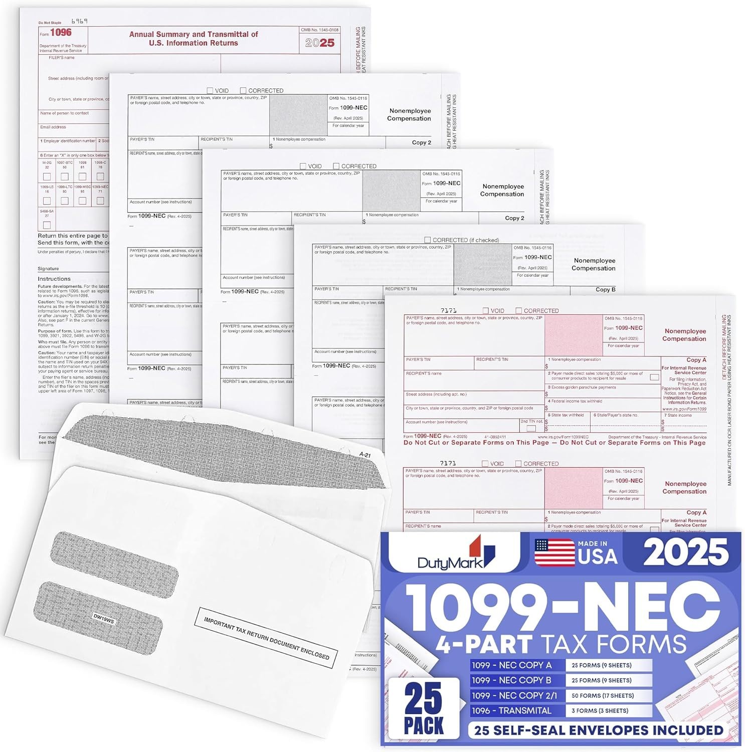 1099 NEC Forms 2025 for 25 Recipients 4 Part Laser Tax Forms Kit, 3 1096 Forms,
