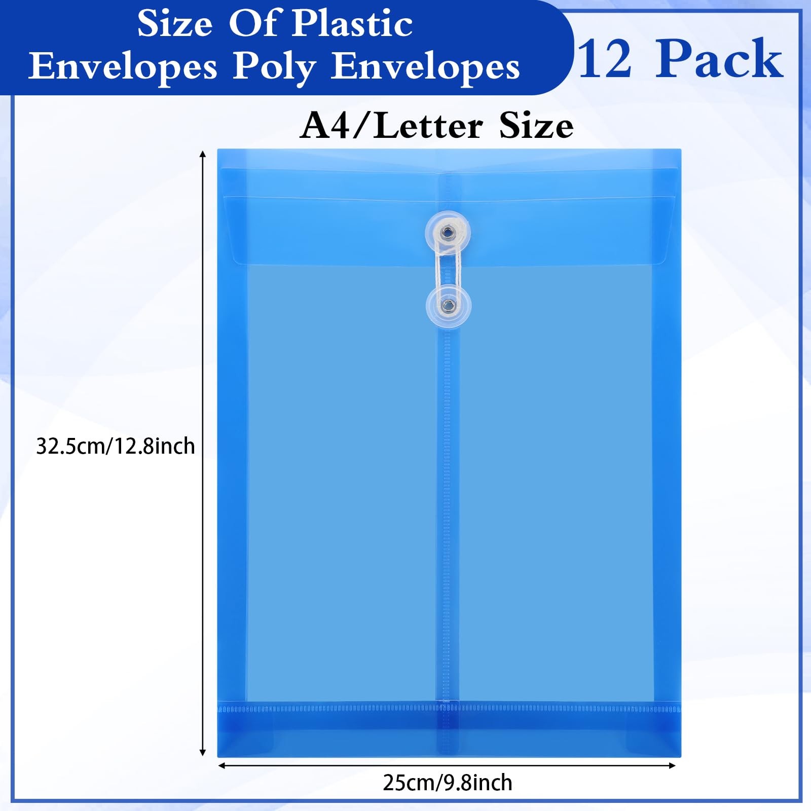 ReliThick 12 Pack Plastic Envelopes with Button and String Tie Closure Blue
