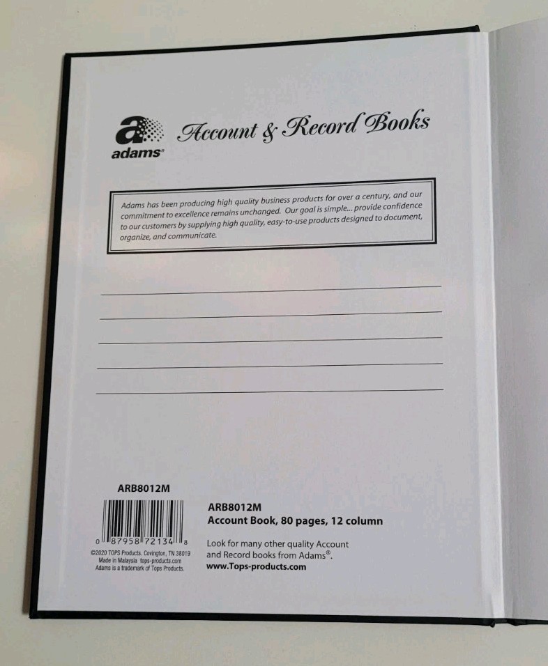 Adams Account/Ledger Book 12 Columns 7 x 9.25″ Black 80 Pages # ARB8012M