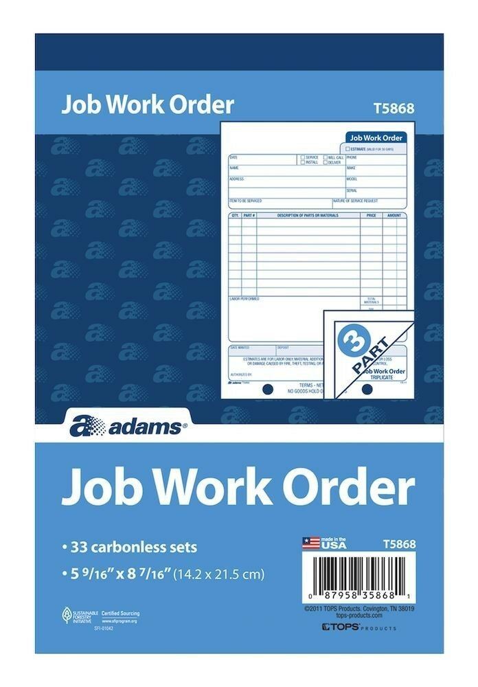ABFT5868 Job Work Order Book, 3-Part, Carbonless, 33 ST/BK