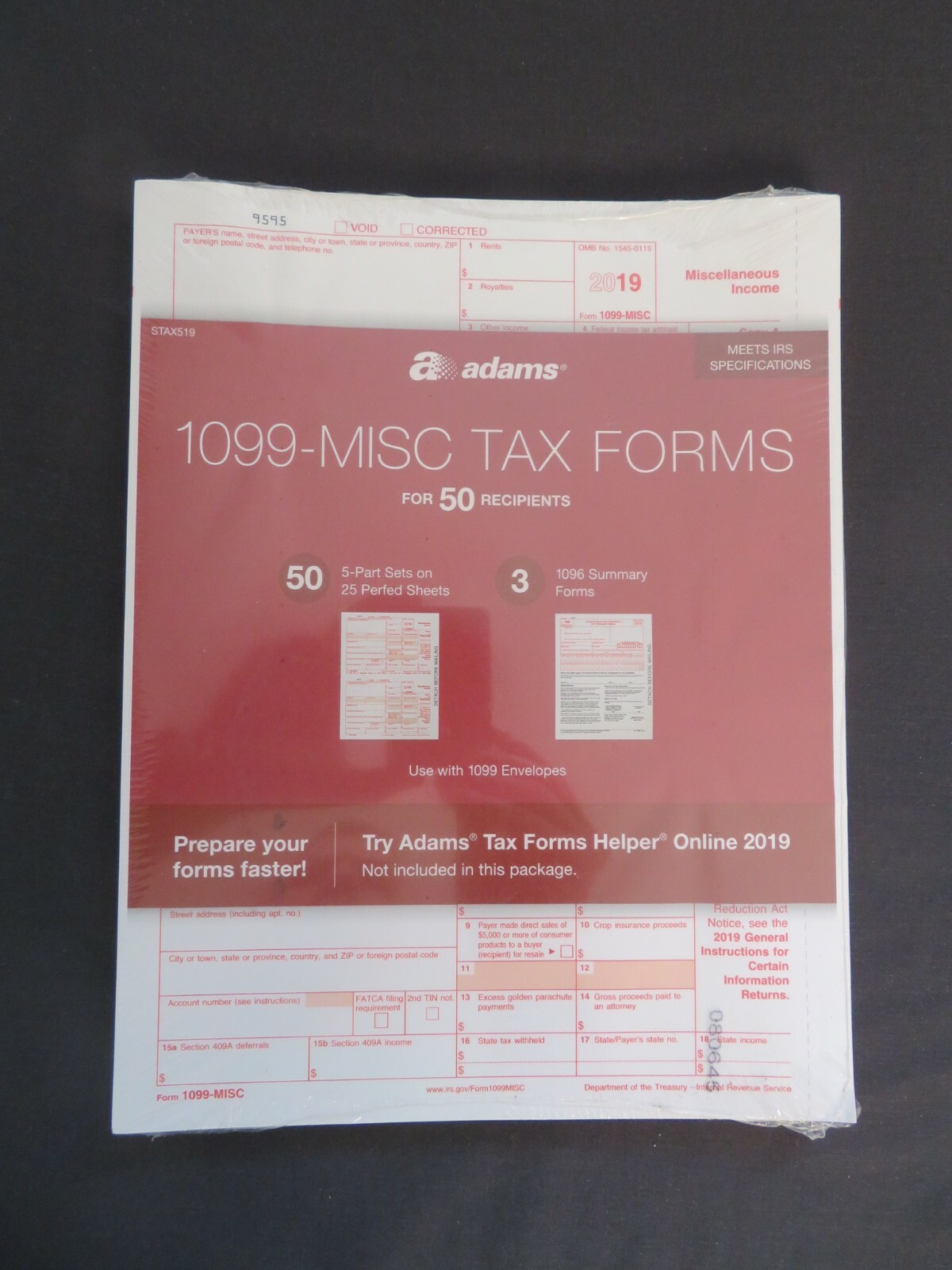 2019 Adams 1099-Misc Tax Forms 50 5-Part Sets, 3 1096 Summary Forms