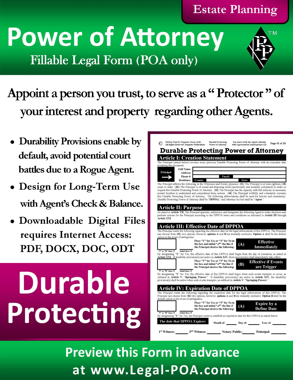 Durable Protecting Power of Attorney – Form & Instructions ( Legal Kit )