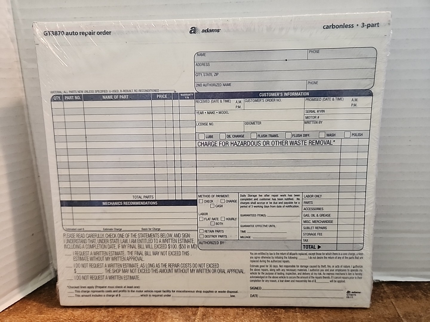 Adams GT3870 8.5 in x 7.44 in Repair Order Form Invoices – 50 Count Sealed