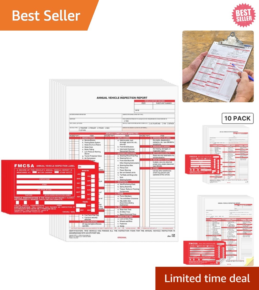 Avoid Fines! 10-Pack Vehicle Inspection Report Forms with Red Aluminum Labels