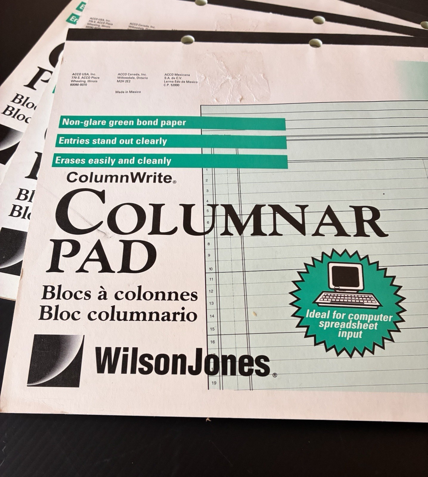 Set of 3 Wilson Jones G7112B Columnar Ruled Pad 12 Column 50 Sheet 14 x 8.5 NOS