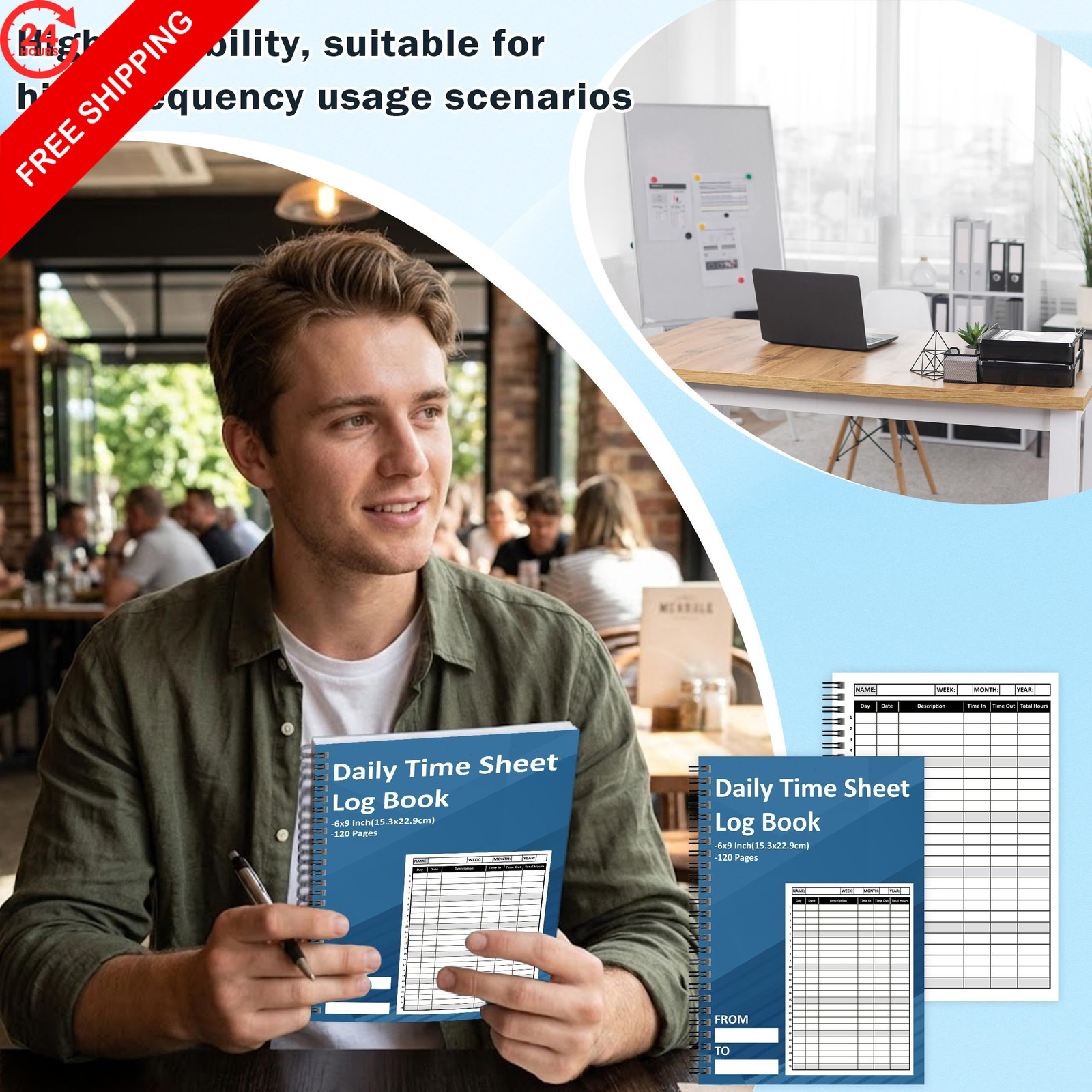 2 Pcs Daily Time Sheet Log Book 120 Pages 6×9 Inch Spiral Binder 6 x 9