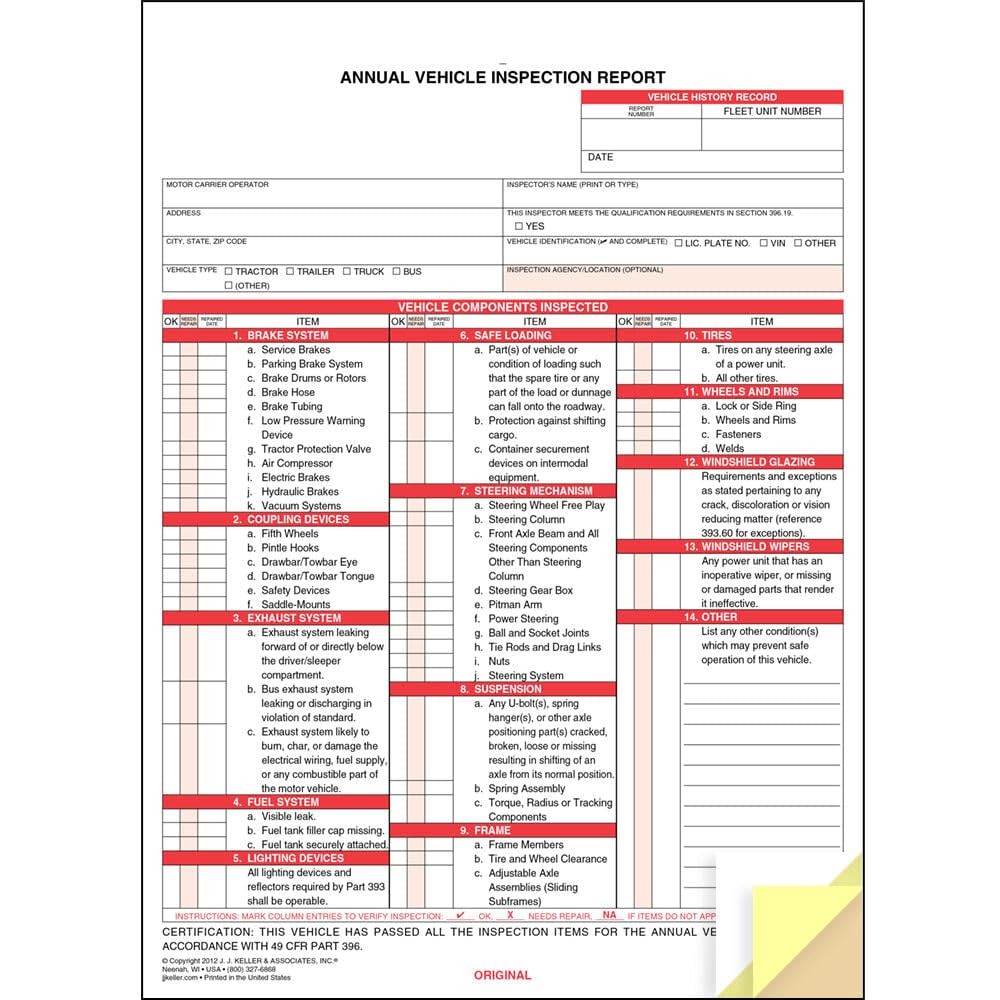 J. J. Keller 10-Pack, Annual Vehicle Inspection Report Forms, 3-Ply Carbonles…