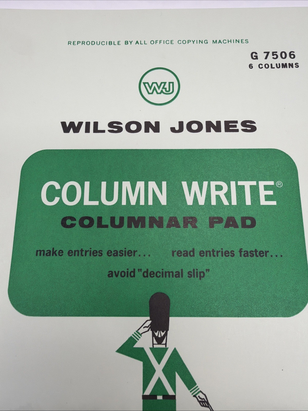 1968 Wilson Jones Write Columnar Pad Green G7506 6 Columns Accounting Ledger