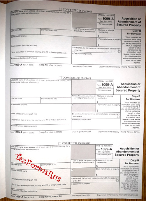 2025 IRS Tax Form 1099-A single sheet set for 3 borrowers NONcarbonless 2-pt 3UP