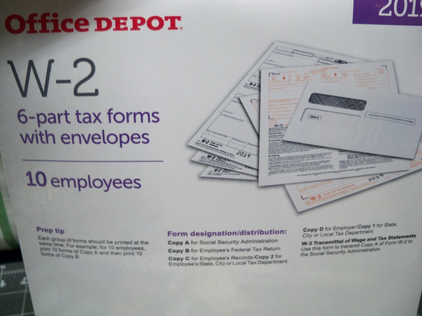 Office Depot W-2 Tax Forms w Envelopes 2019 6-Part 8-1/2″ x 11″ 10-PK Staples W2