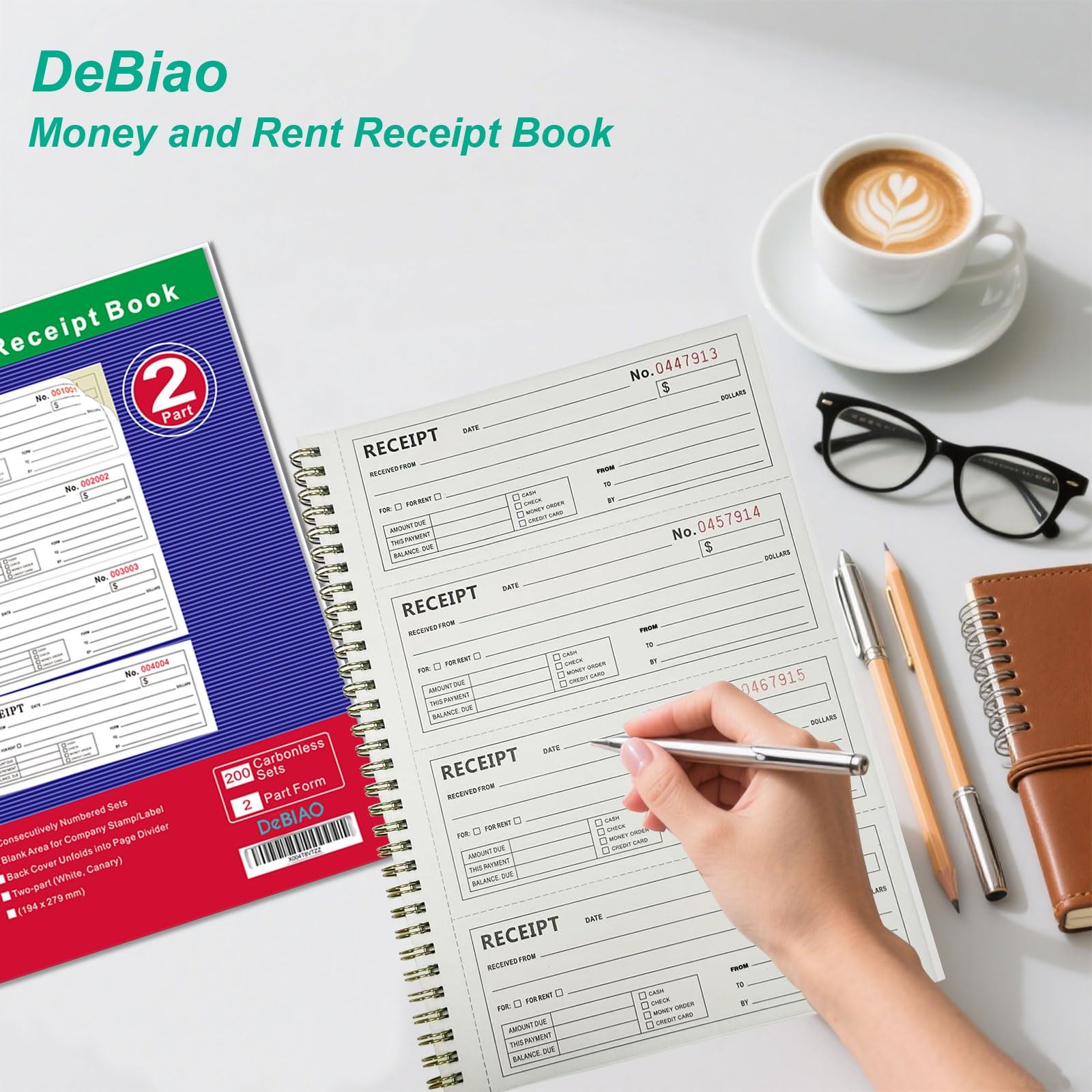 4 Pack 2Part Carbonless Money Rent Receipt Book 75/8×11 In 200 Sets