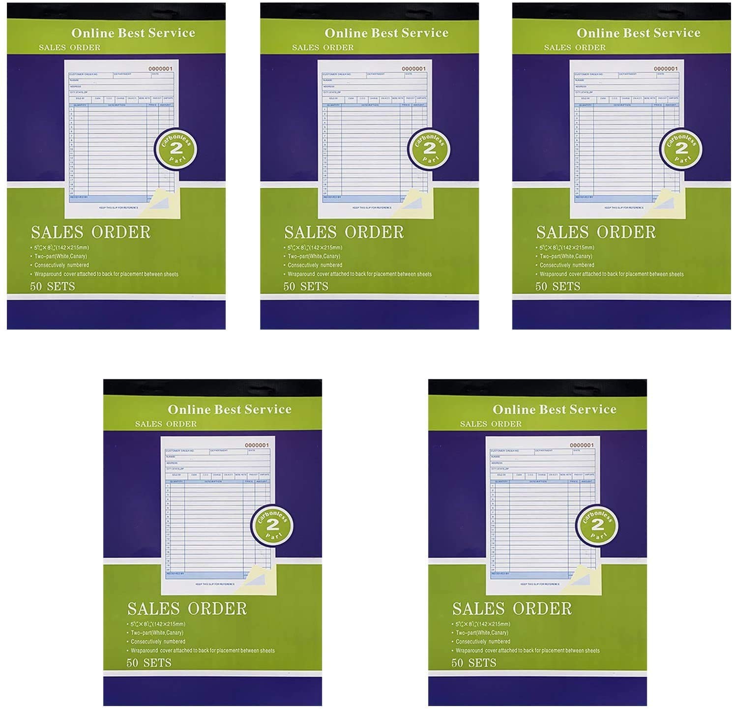 5 Pack Large Sales Order Book Receipt Invoice Duplicate Carbonless Copy 50 Se…