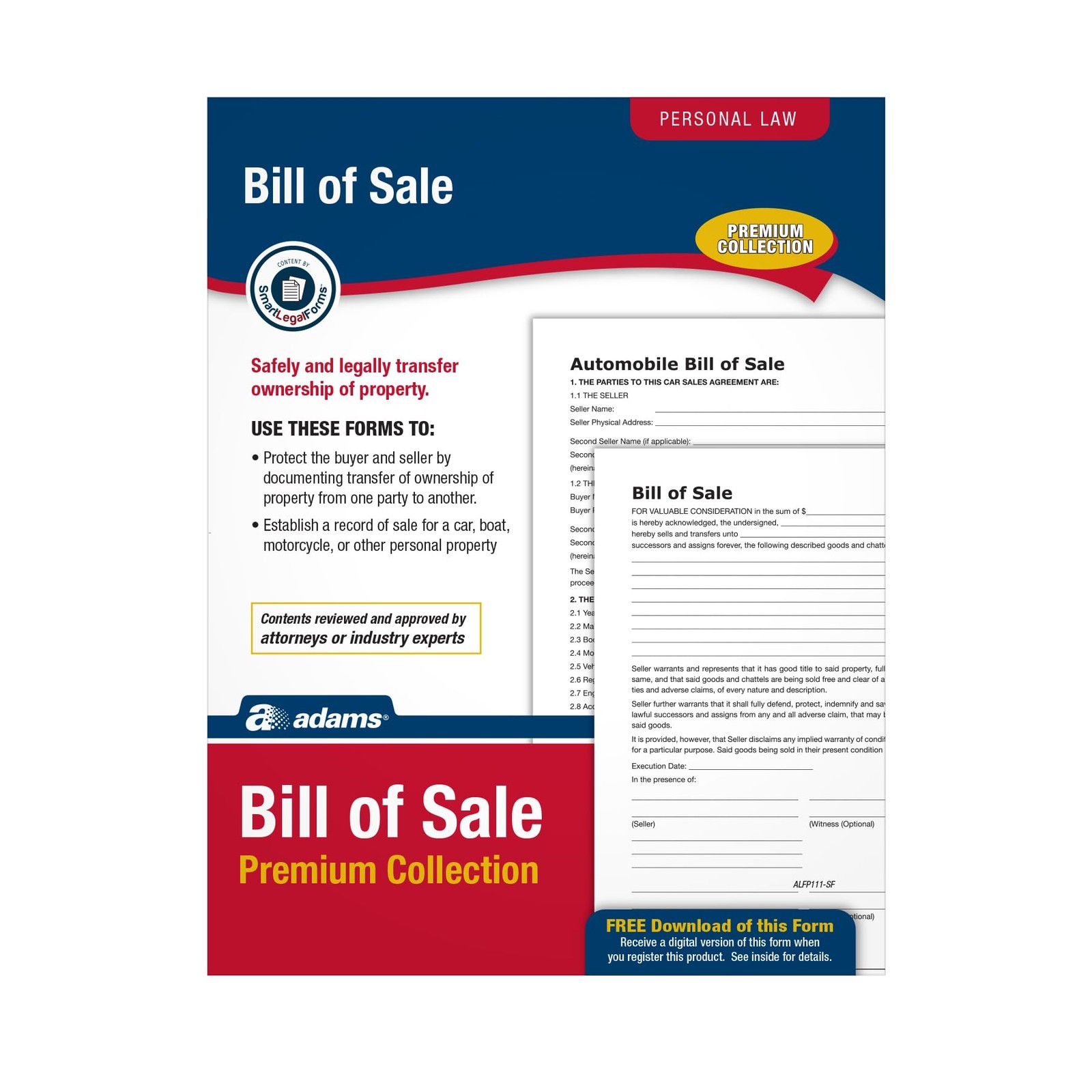 Adams Bill of Sale Forms Pack, Includes 2 Motor Vehicle 8.5 X 11 Inch, White
