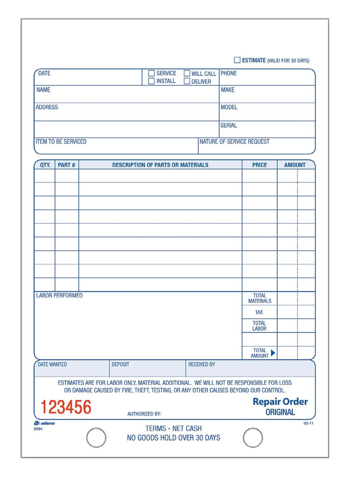 Adams Repair Order Book, 3-Part Carbonless, White/White/White, 5-9/16 x 8-7/1…