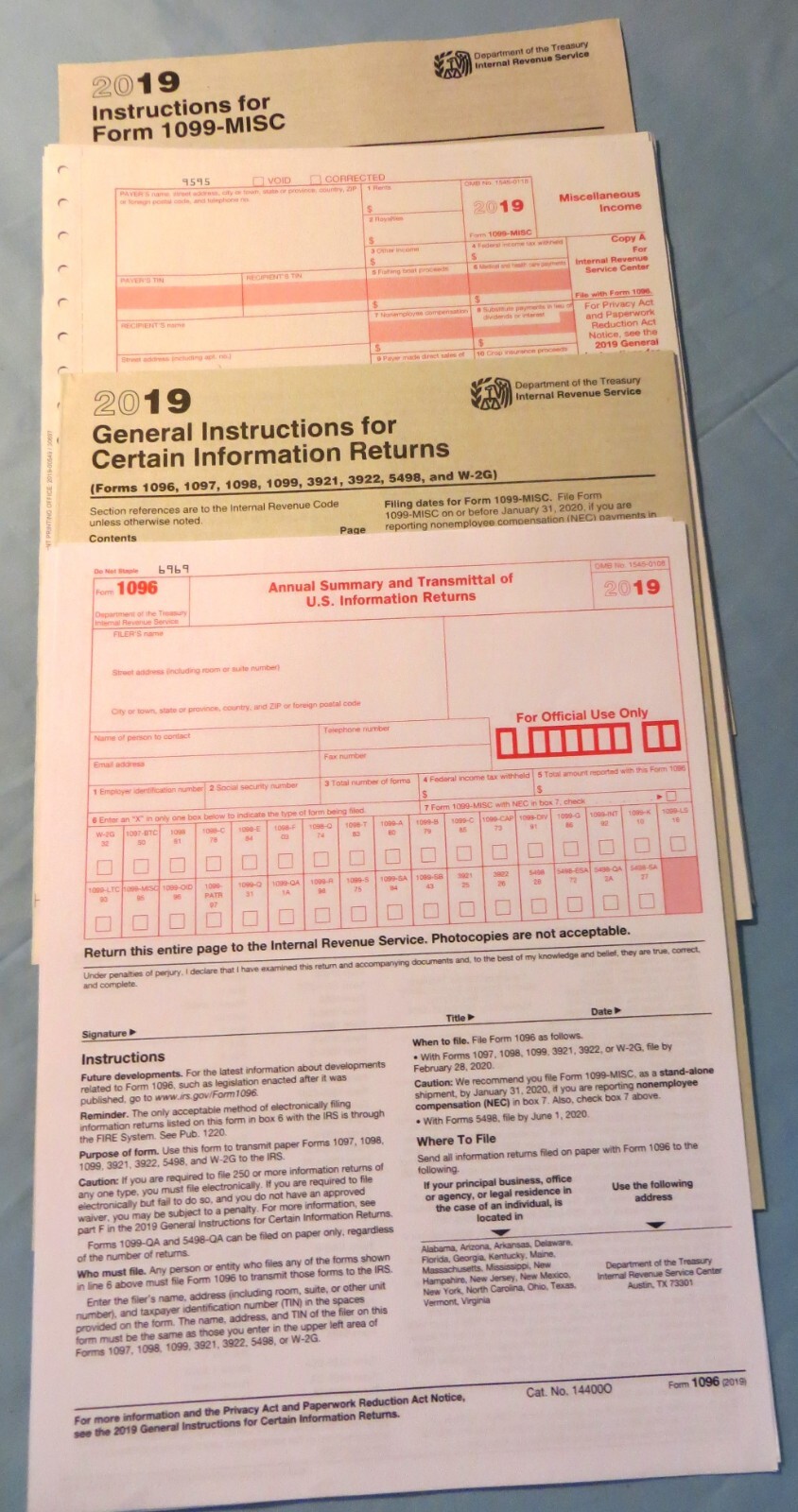 2019 IRS (6) 1099-Misc Forms, (3) 1096Transmittal Forms, Instructions