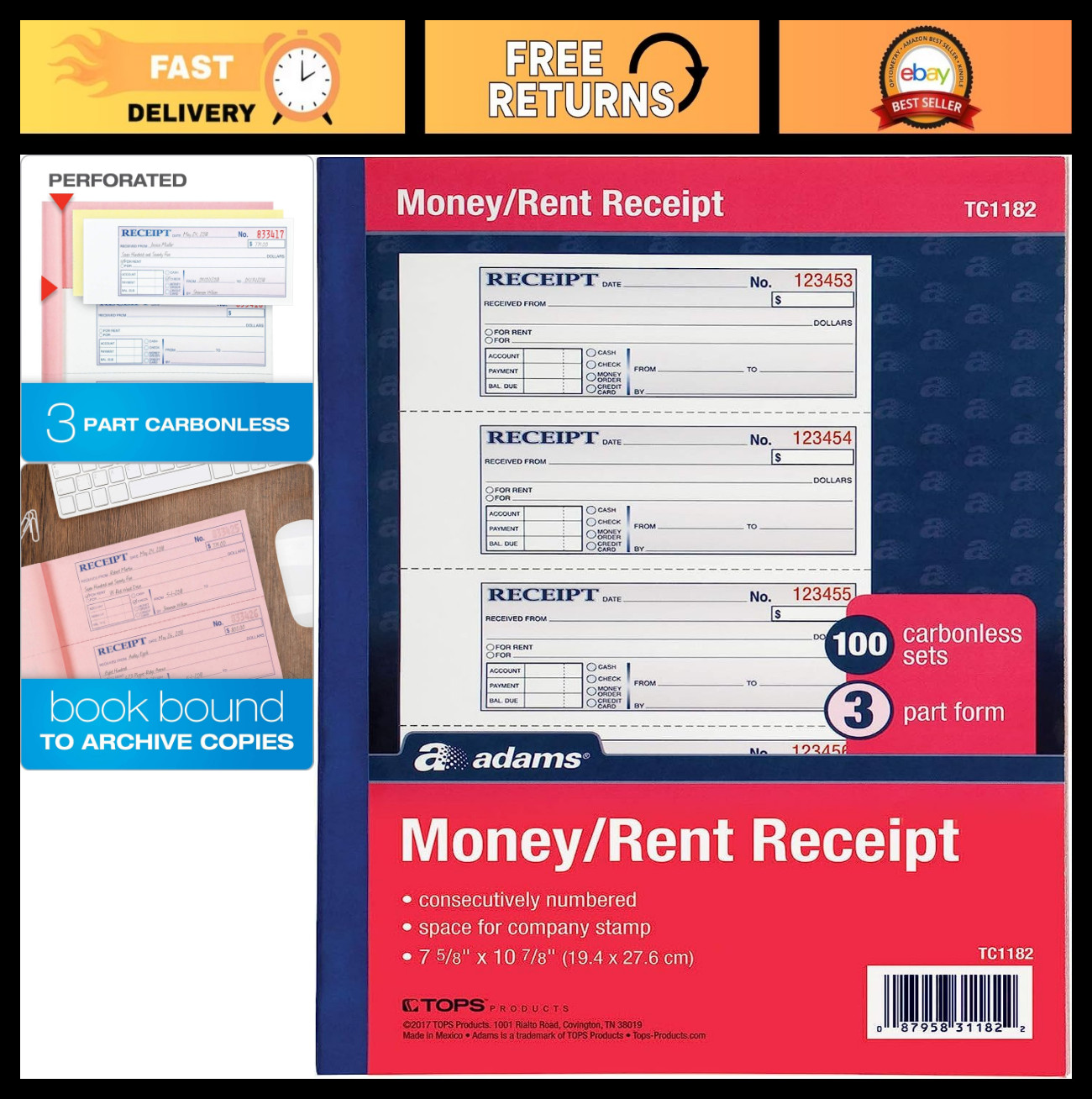 3-Part Carbonless Money & Rent Receipt Book, 100 Sets, 7.625″ x 10.875″, 12 Pack