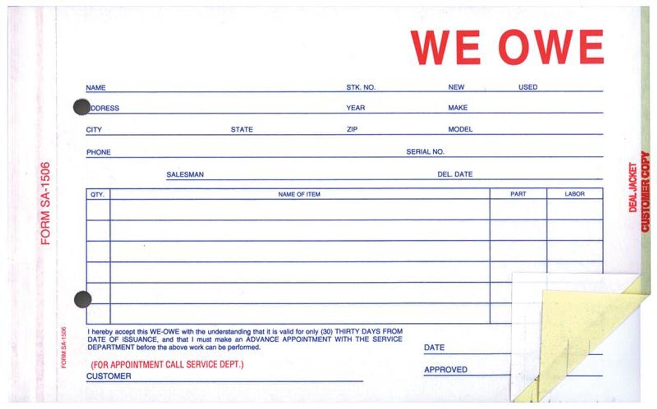 We Owe (Plain), 5 2/3″ x 9 1/4″ – 3 Part, 100 Per Pack