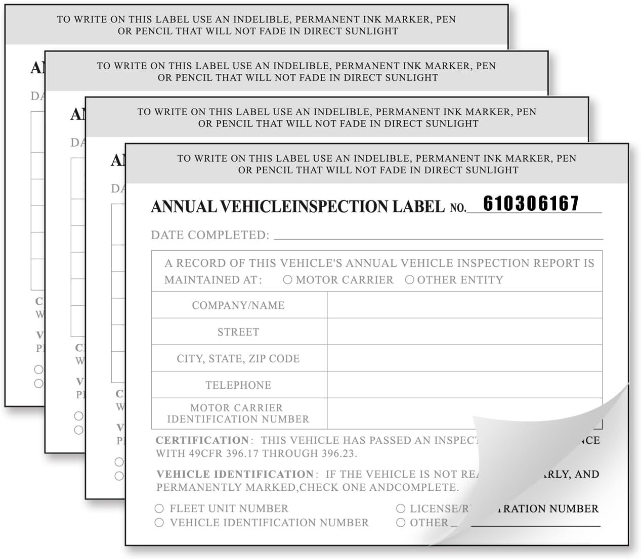 High-Quality Annual Vehicle Inspection Forms & Mylar Laminate Labels – 50 Total