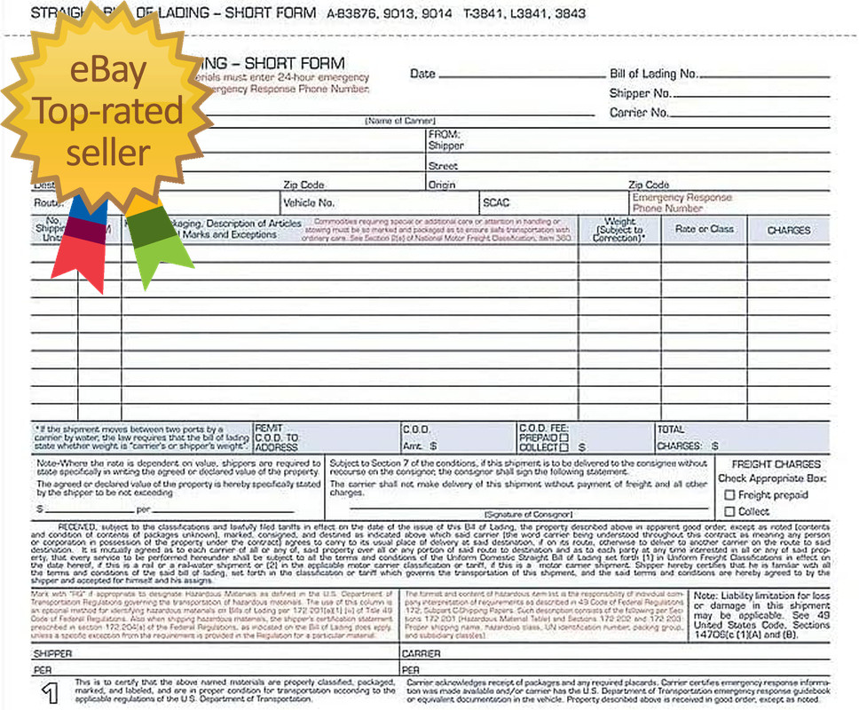 Bill of Lading Short Form 8-1/2 X 7-7/16 Inches White 3-Part 250 Count