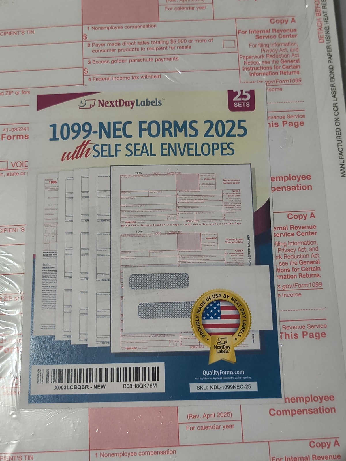Next Day Labels 1099 NEC Forms 2025 With Self Seal Envelopes 25 Sets