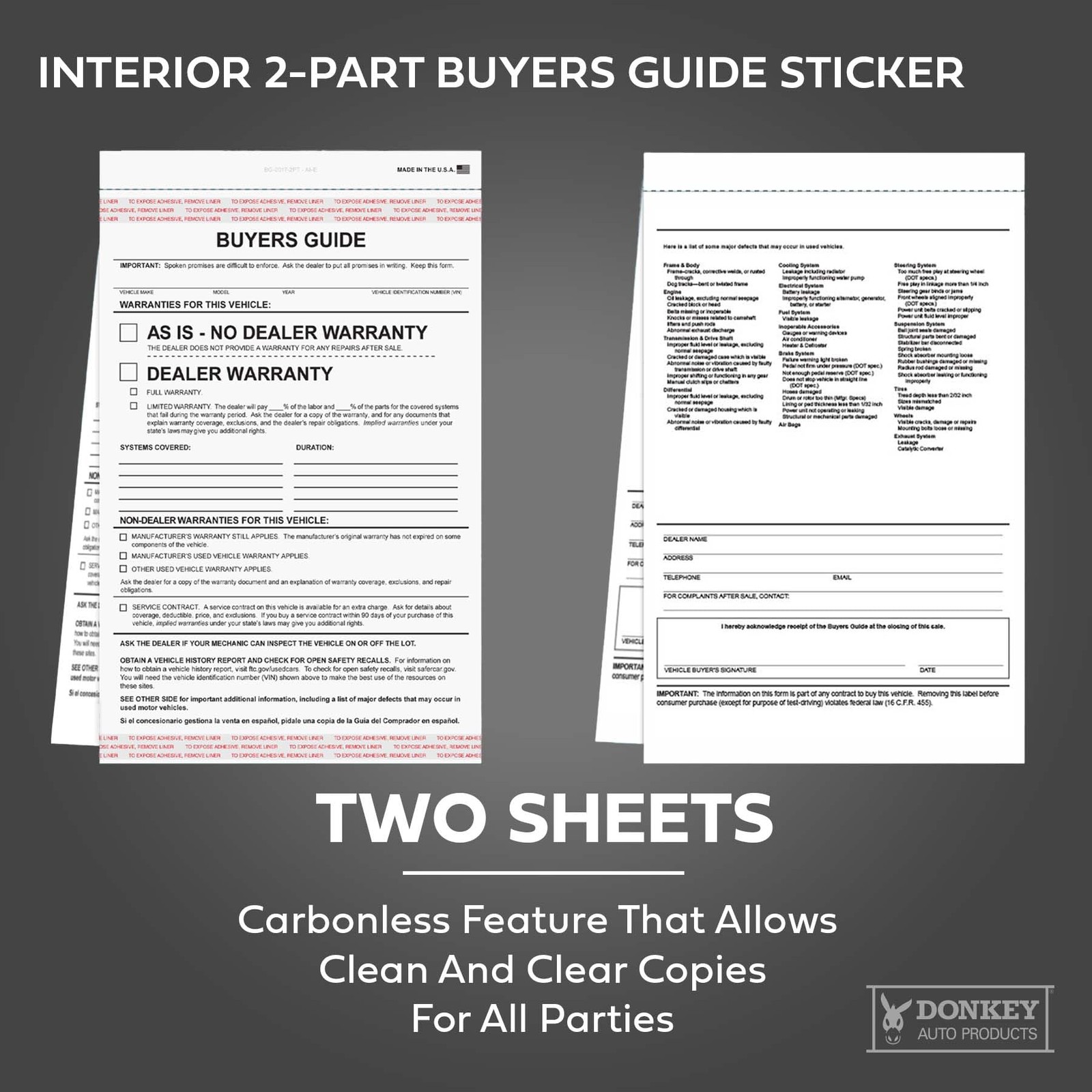 Donkey Auto Products 2 Part Buyers Guide Form – Adhesive Tape – English – As is