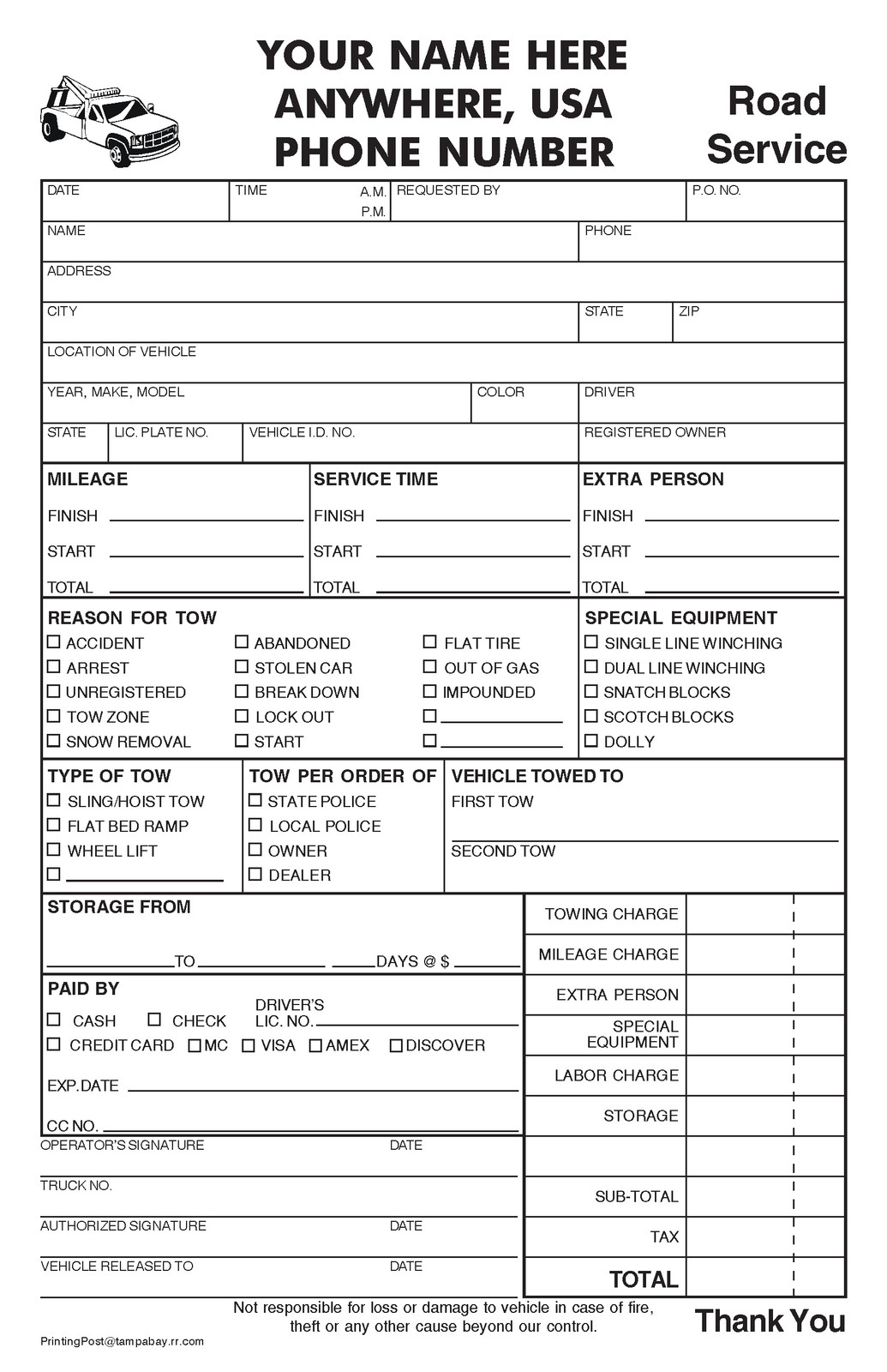 250 2-part Towing Invoice – Road Service Form