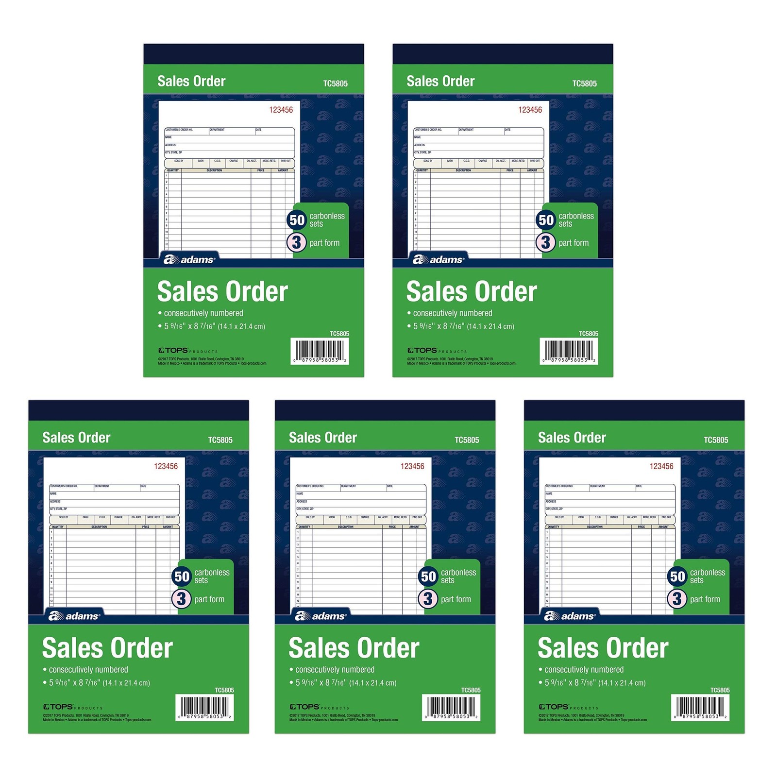 Adams Sales Order Book, 3-Part, Carbonless, White/Canary/Pink, 5 PACK, White