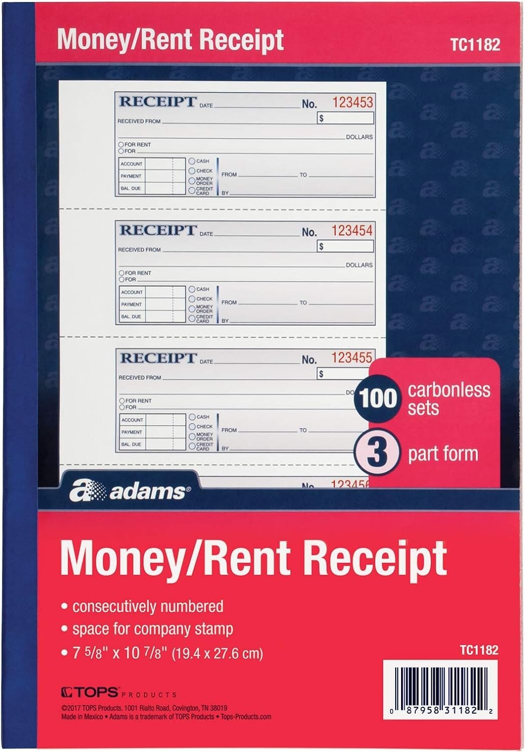 Receipt Book – 3-Part Carbonless, 100 Sets, Tape Bound, 7.63 x 11 Inch