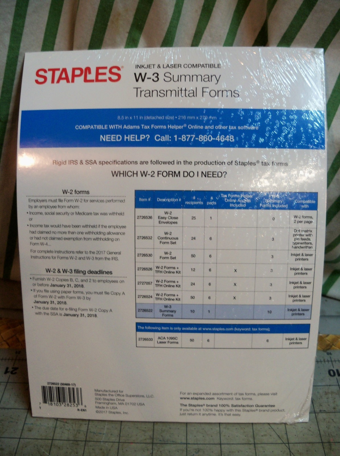2017 Staples W-3 Summary Transmittal Forms 10 1-part Forms per Package USA