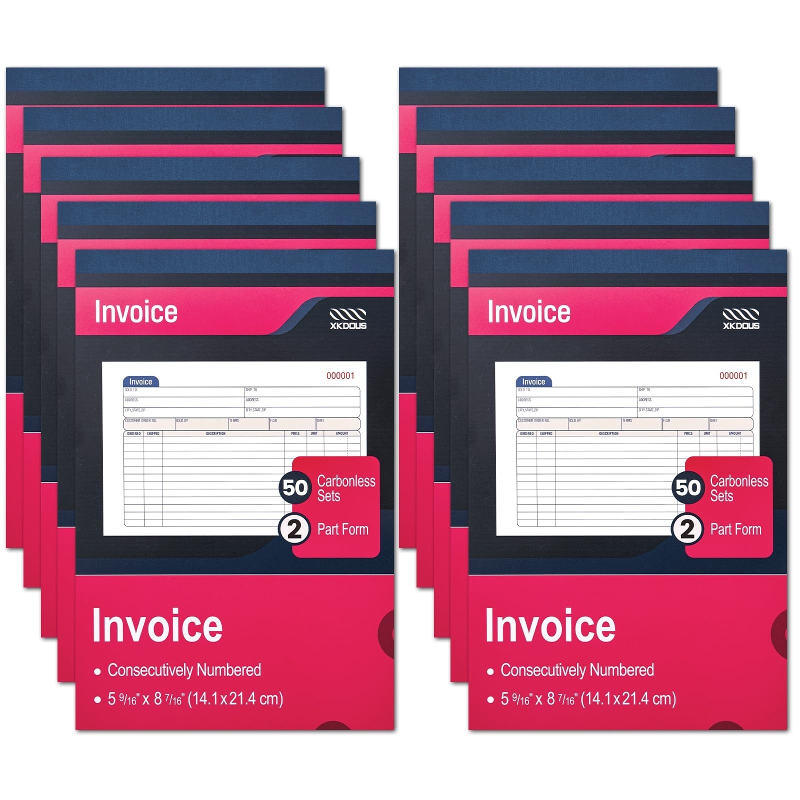 10 Pack Carbonless Invoice Book – 2-Part Receipt Book for Small Business, 50 Set