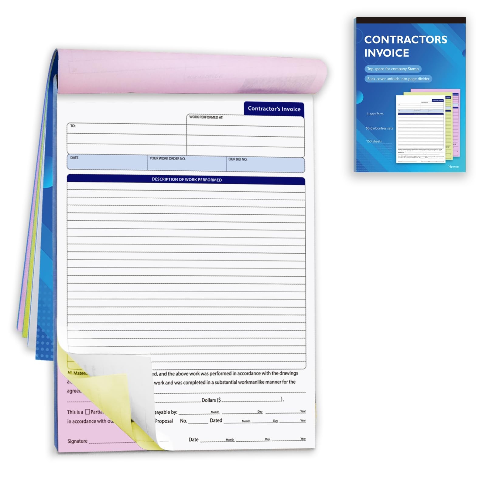 Contractor Invoice Book, 3 Part Carbonless Forms, Work Order Estimate Book wi…