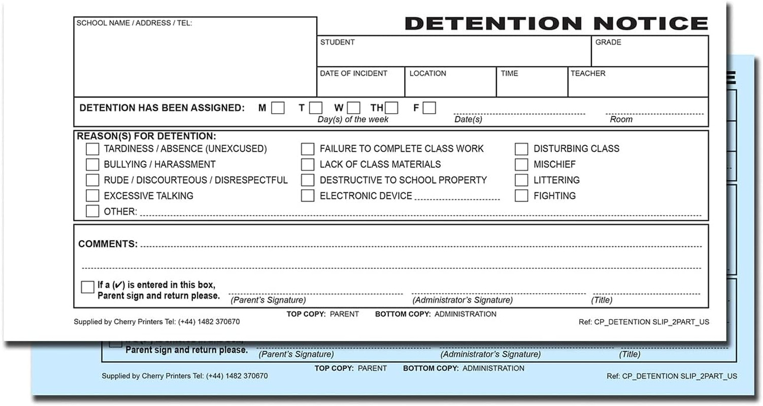 Cherry Detention Slip for Schools 2Pt (8.3 Inches X 3.9 Inches) 50 Duplicate Cop