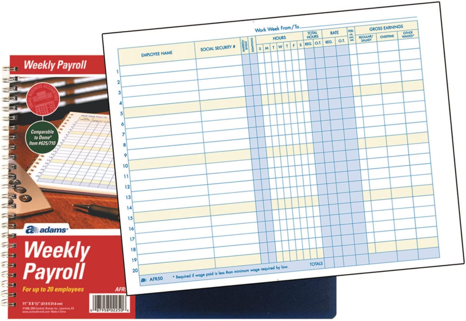 Weekly Payroll Record, 20 Employee Capacity, Spiral Binding, 11 X 8.5 Inches, W