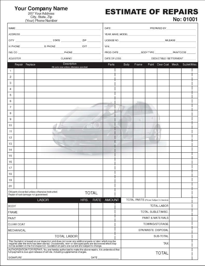 500 Auto Body Autobody Estimate / 2 Part Carbonless / 8.5 x 11 TMG029
