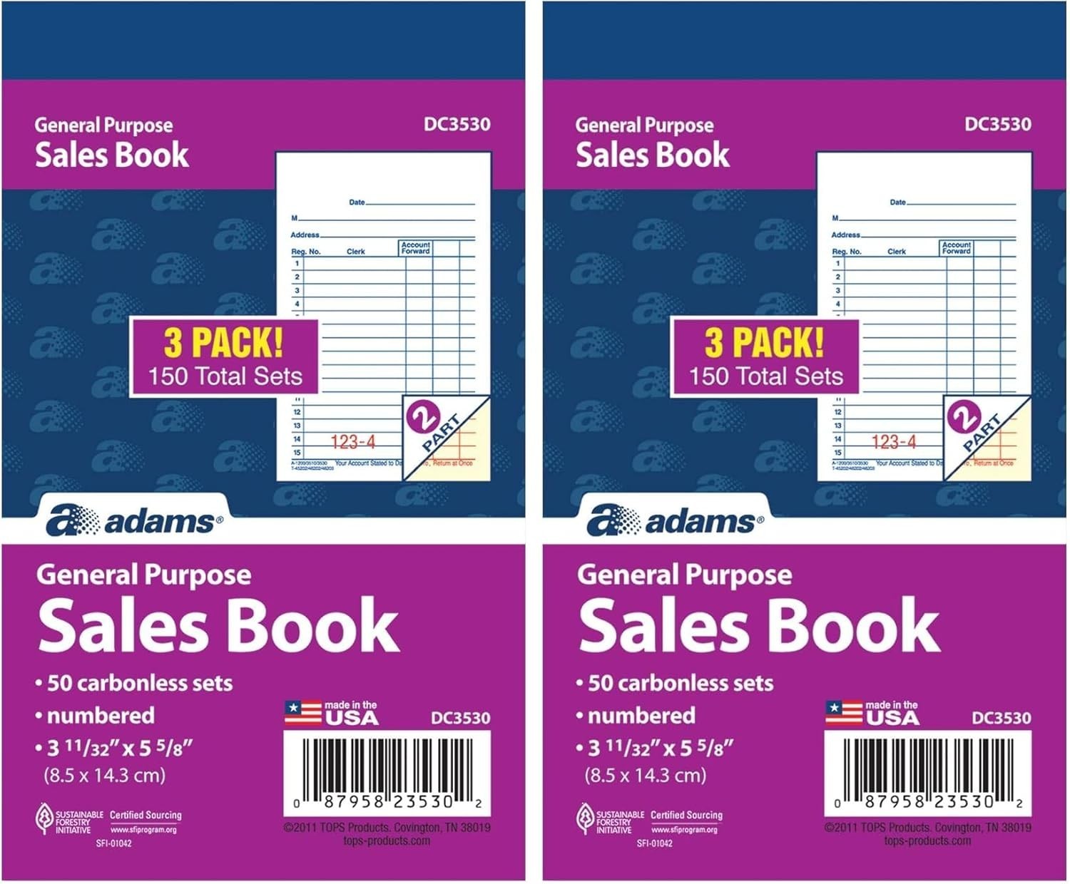 General Purpose Sales Book, 2-Part, Carbonless, White/Canary, 3-11/32 x 5-5/8…