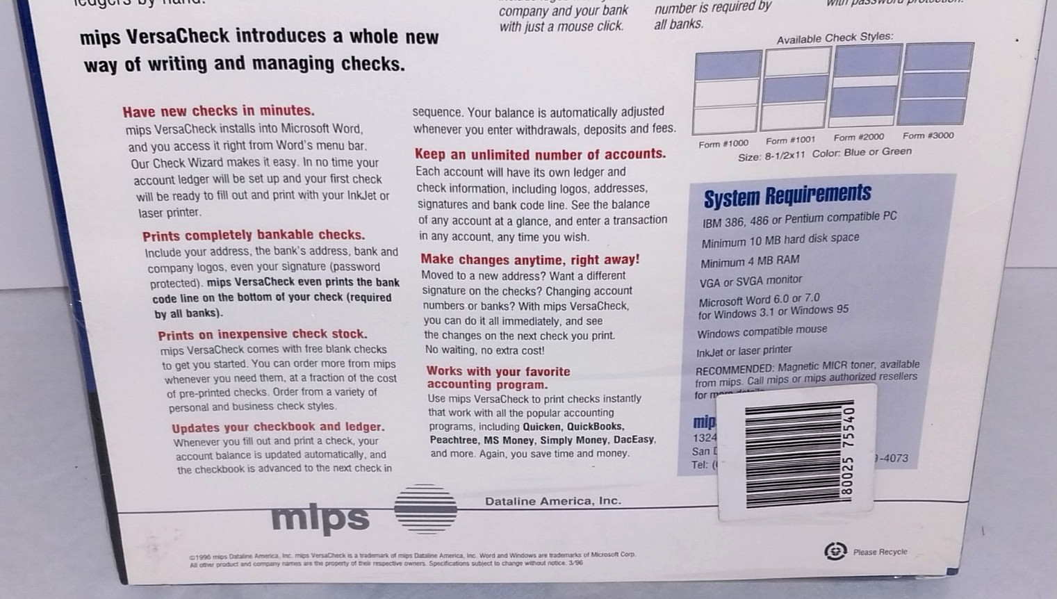 MIPS Versa Check 1996 Check Printing Software, 3.5″ Disk, Windows 95+ Compatible