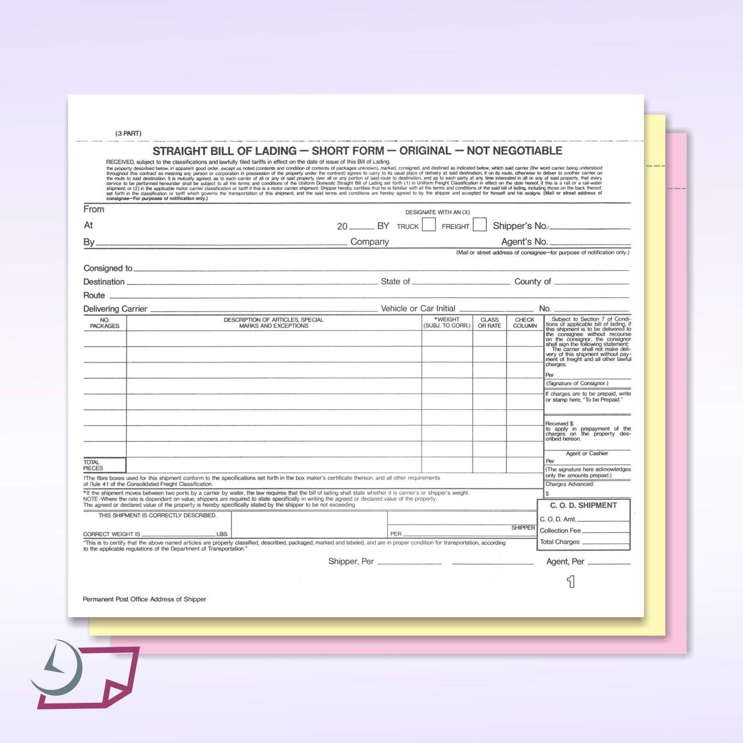 NextDayLabels – Short Form Straight Bill of Lading, 8-1/2 x 7″, 3 Part NCR Ca…