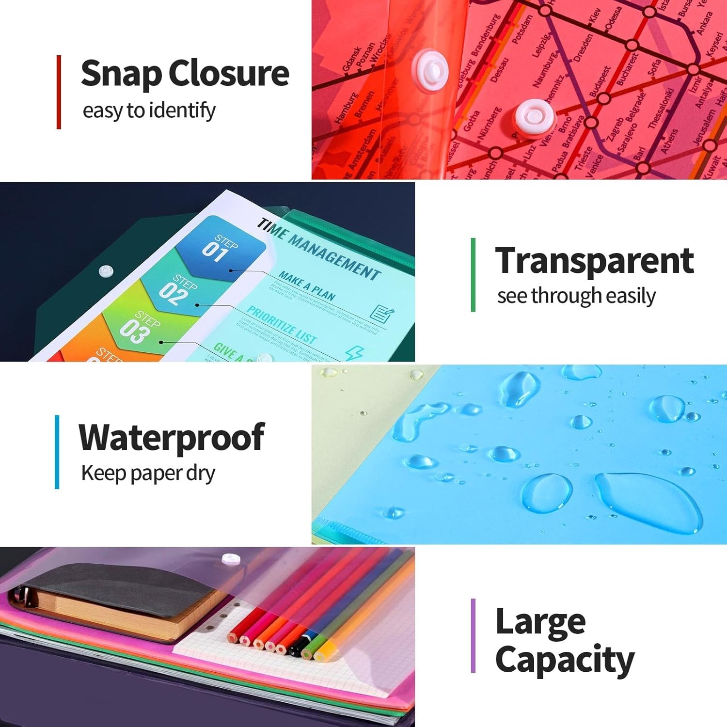 LEOBRO Plastic File Folders, 12 PCS A4 Size Envelopes With Snap Multicolor