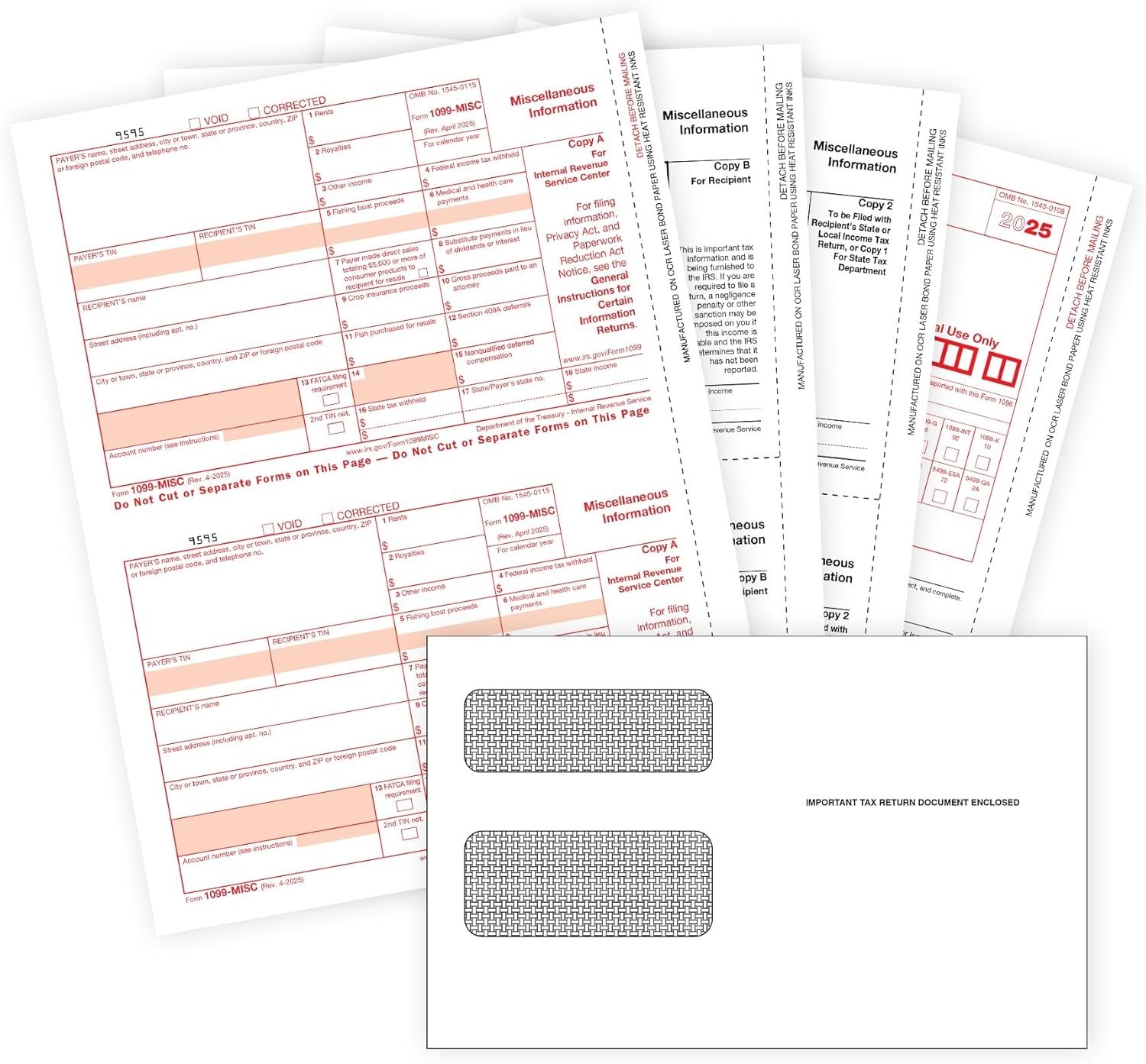 Complete 2025 1099 MISC Tax Forms Kit with Self-Seal Envelopes – 50 Included